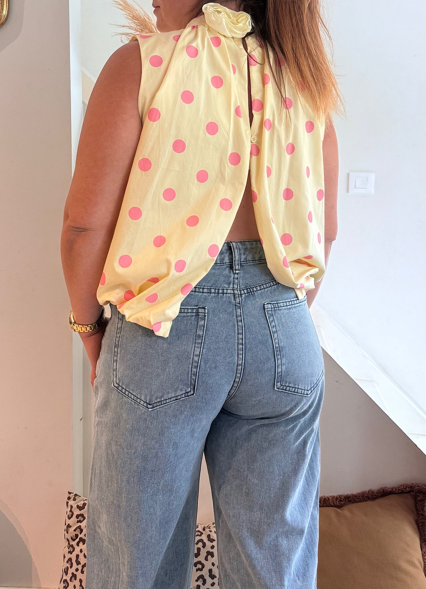Blouse sans manches à pois rose & jaune