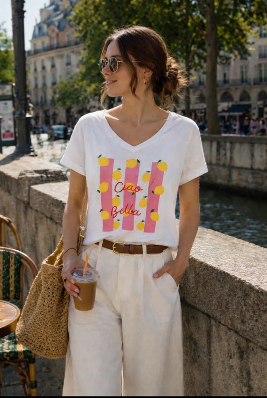Tee-shirt “Ciao Bella” femme imprimé citron