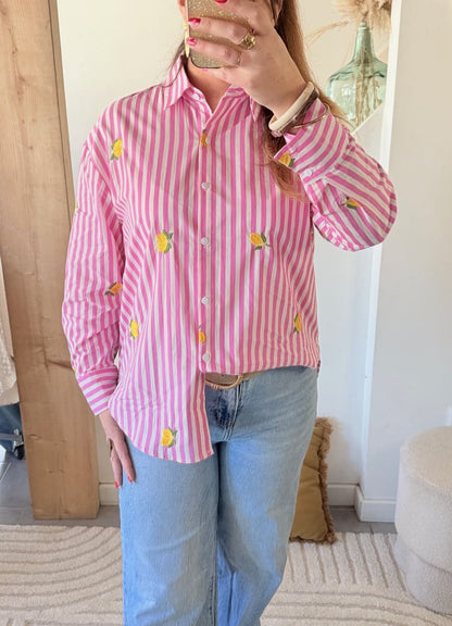 Chemise rayée rose brodée citrons