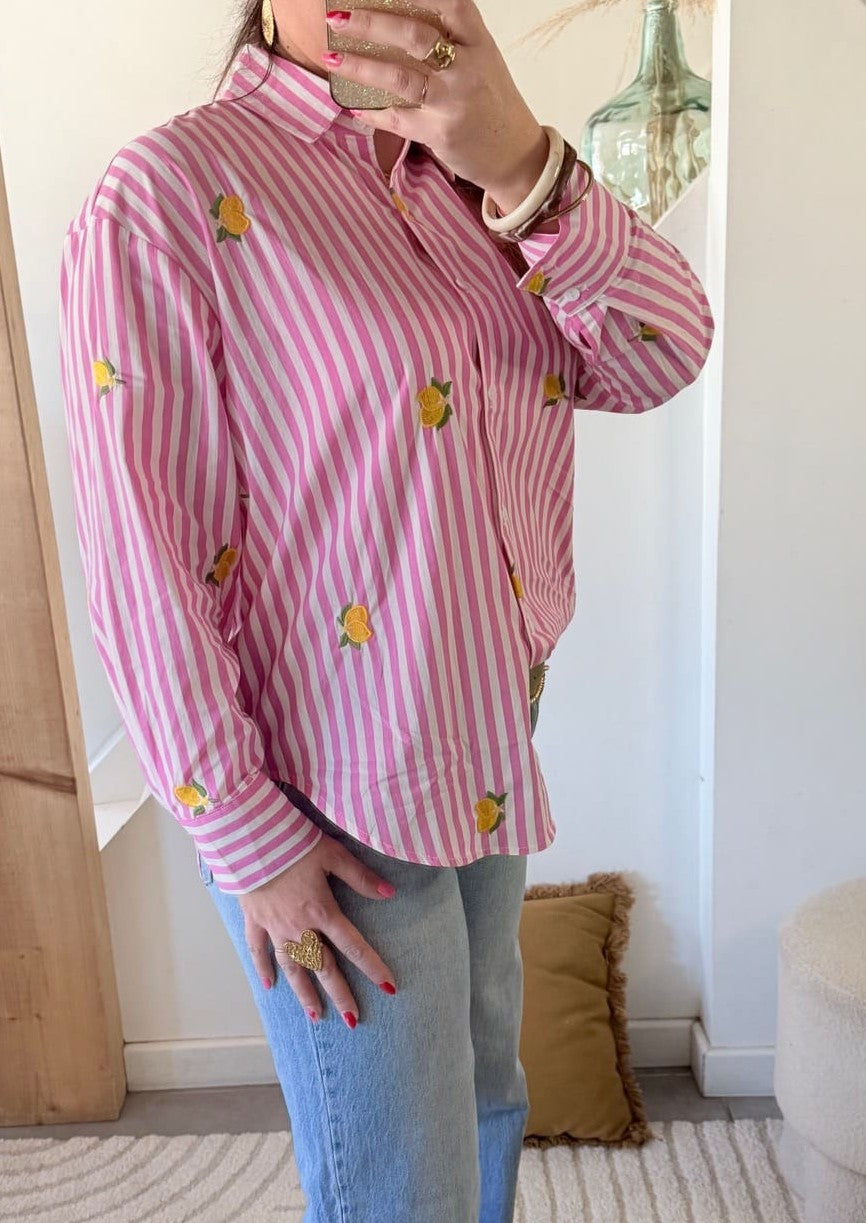 Chemise rayée rose brodée citrons