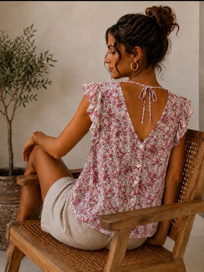 Blouse fleurie rose à volants