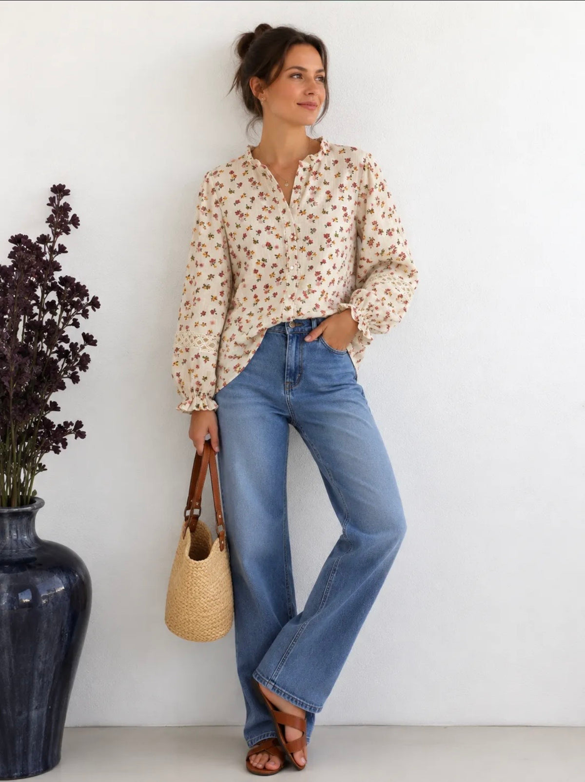 Blouse fleurie écrue à détails dentelle